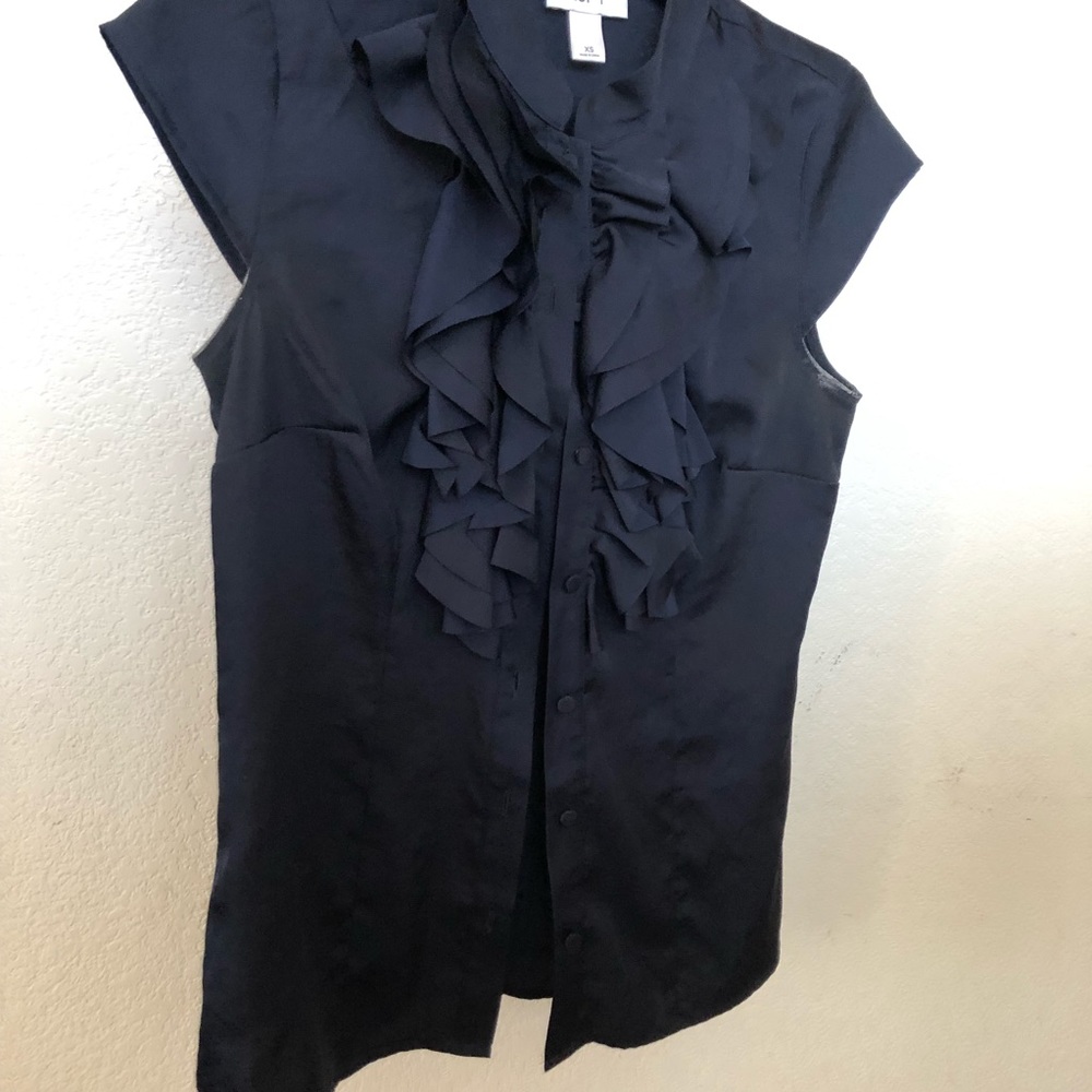Loft Ruffle Button Down Navy Blouse - image 3
